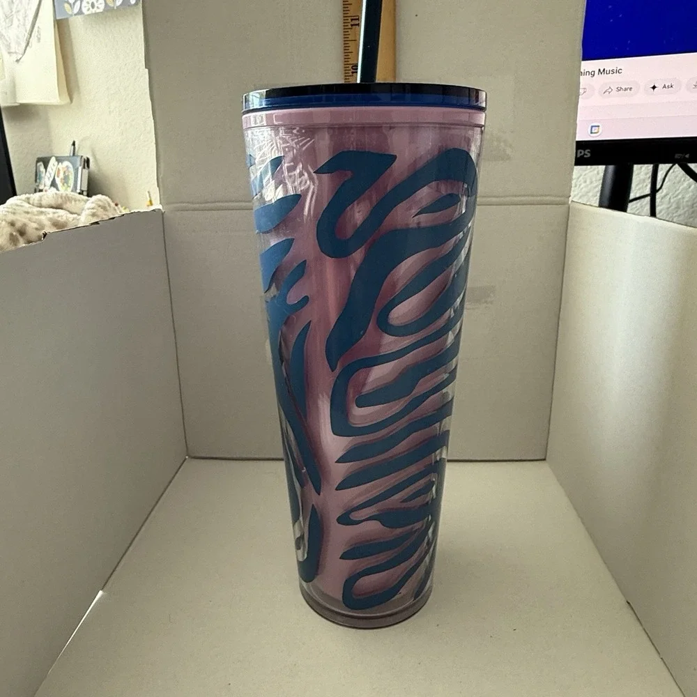 Starbucks Pink‎ And Blue Patterns Summer Acrylic Cold Cup 24 Oz. 2021 Pristine!